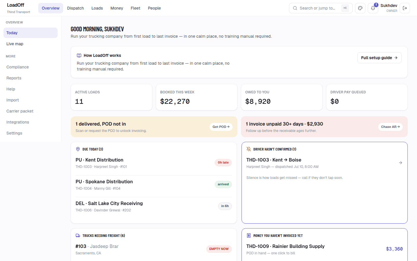 The LoadOff Today command center — live loads, money owed, and what needs attention this morning