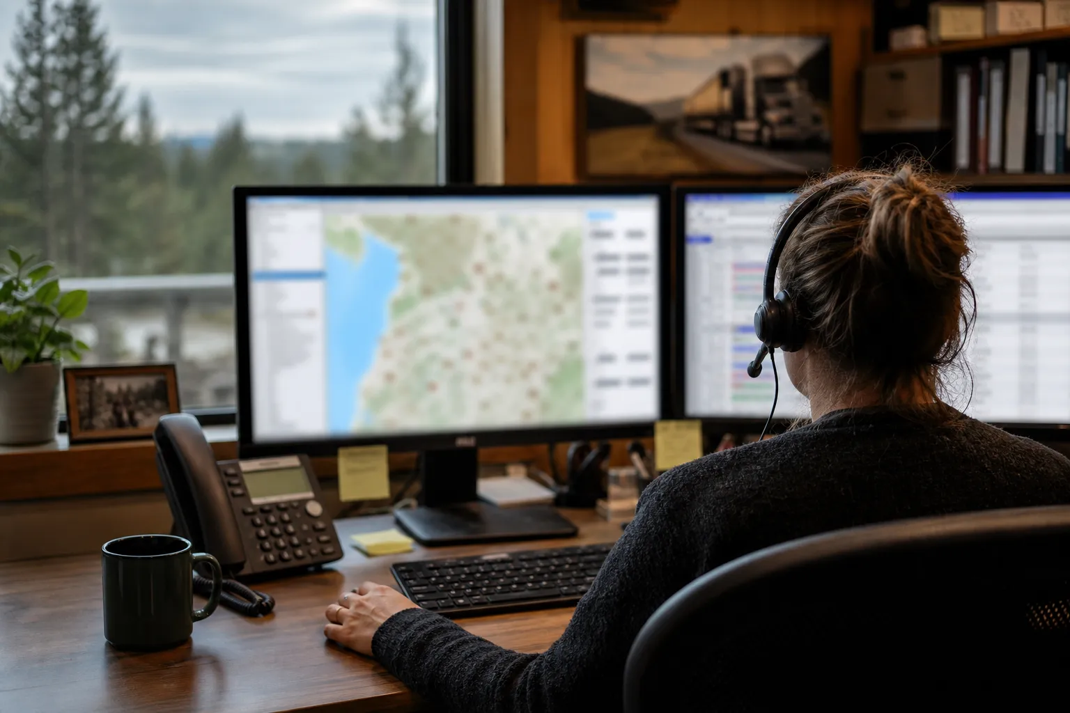 Dispatcher on a headset working the load board at the Thind Transport office in Kent, Washington