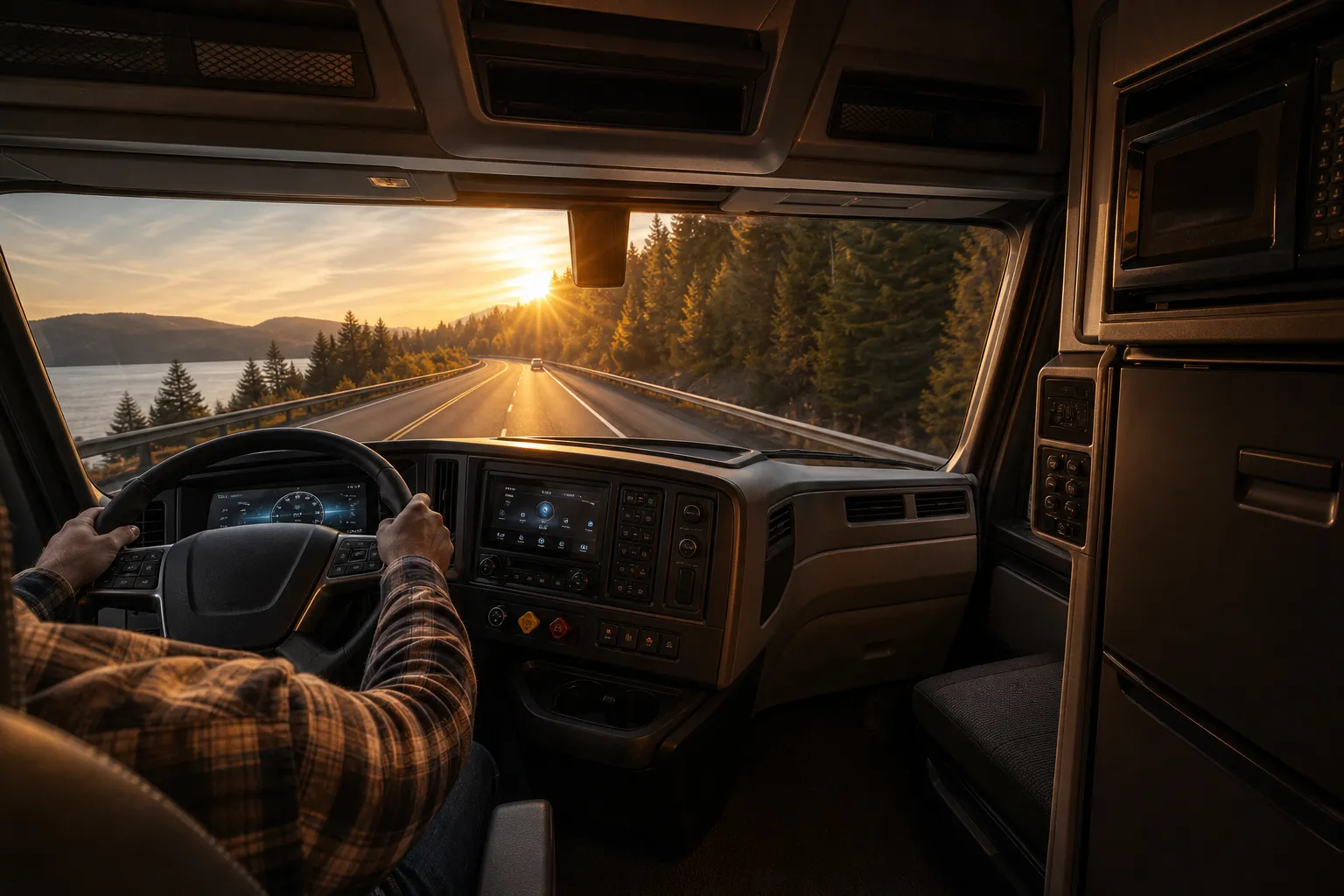Inside a Thind Transport Cascadia sleeper cab at golden hour — APU, fridge, and modern dash