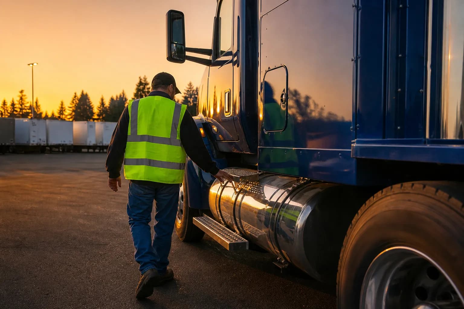 Driver completing a pre-trip walkaround inspection beside a Thind Transport truck at the Kent yard