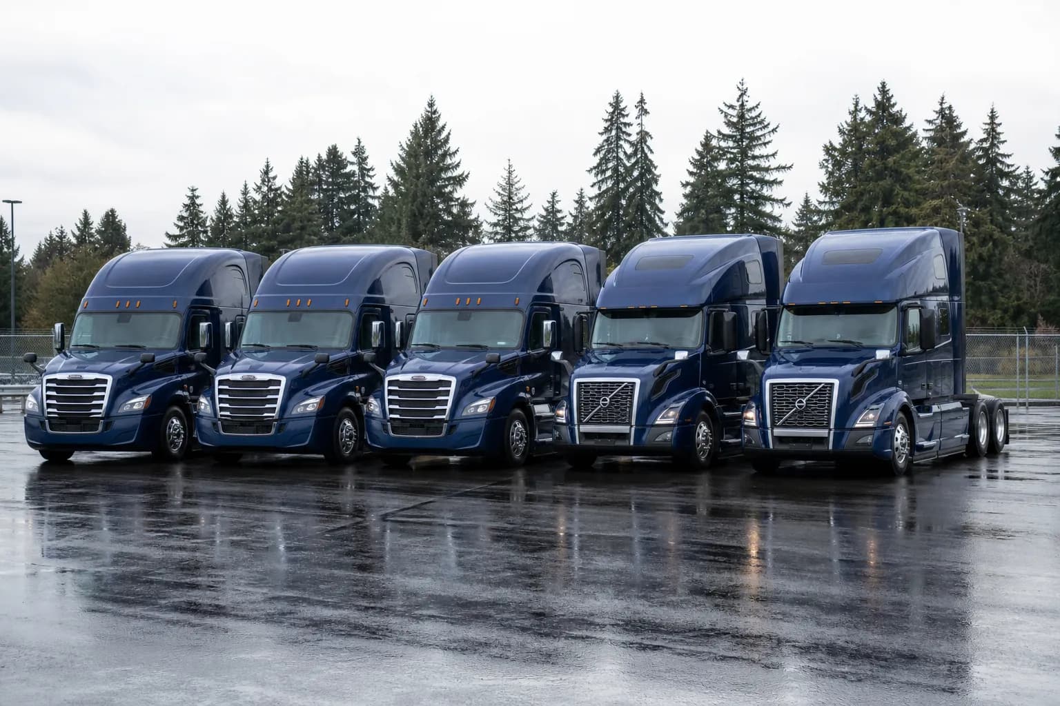 Row of Thind Transport Freightliner Cascadia and Volvo trucks lined up at the Kent, Washington yard