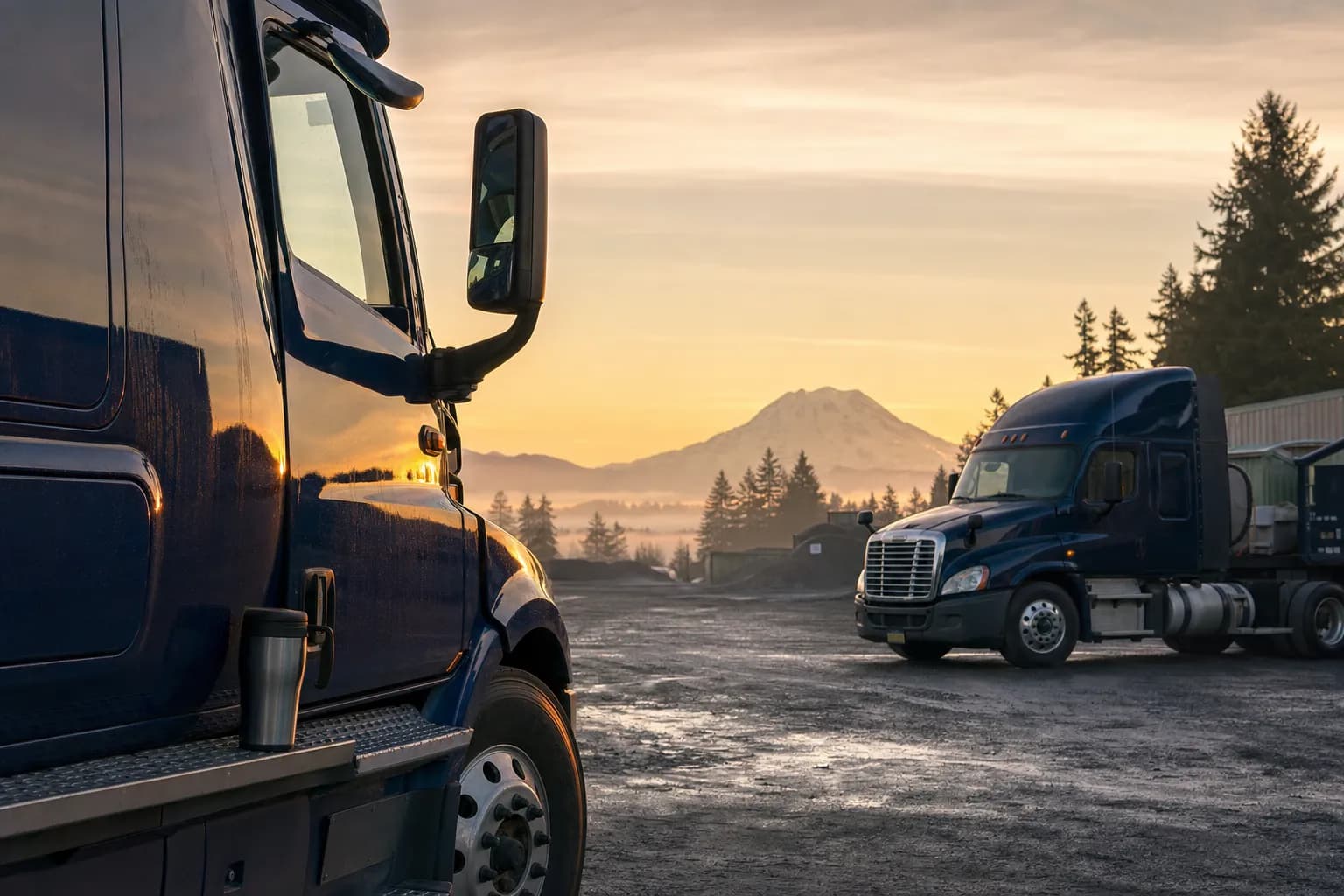 Sunrise over the Thind Transport yard in Kent, Washington with Mount Rainier on the horizon